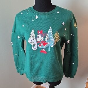 Disney Parks Minnie Mouse Christmas Crew Neck  Green Sweater
